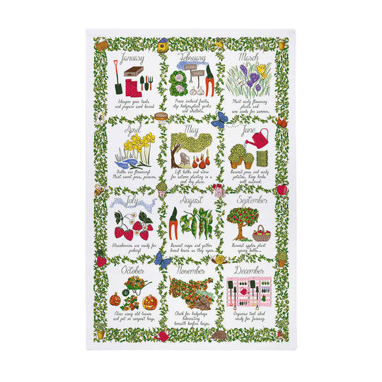Gardeners Calendar Cotton Tea Towel in Green