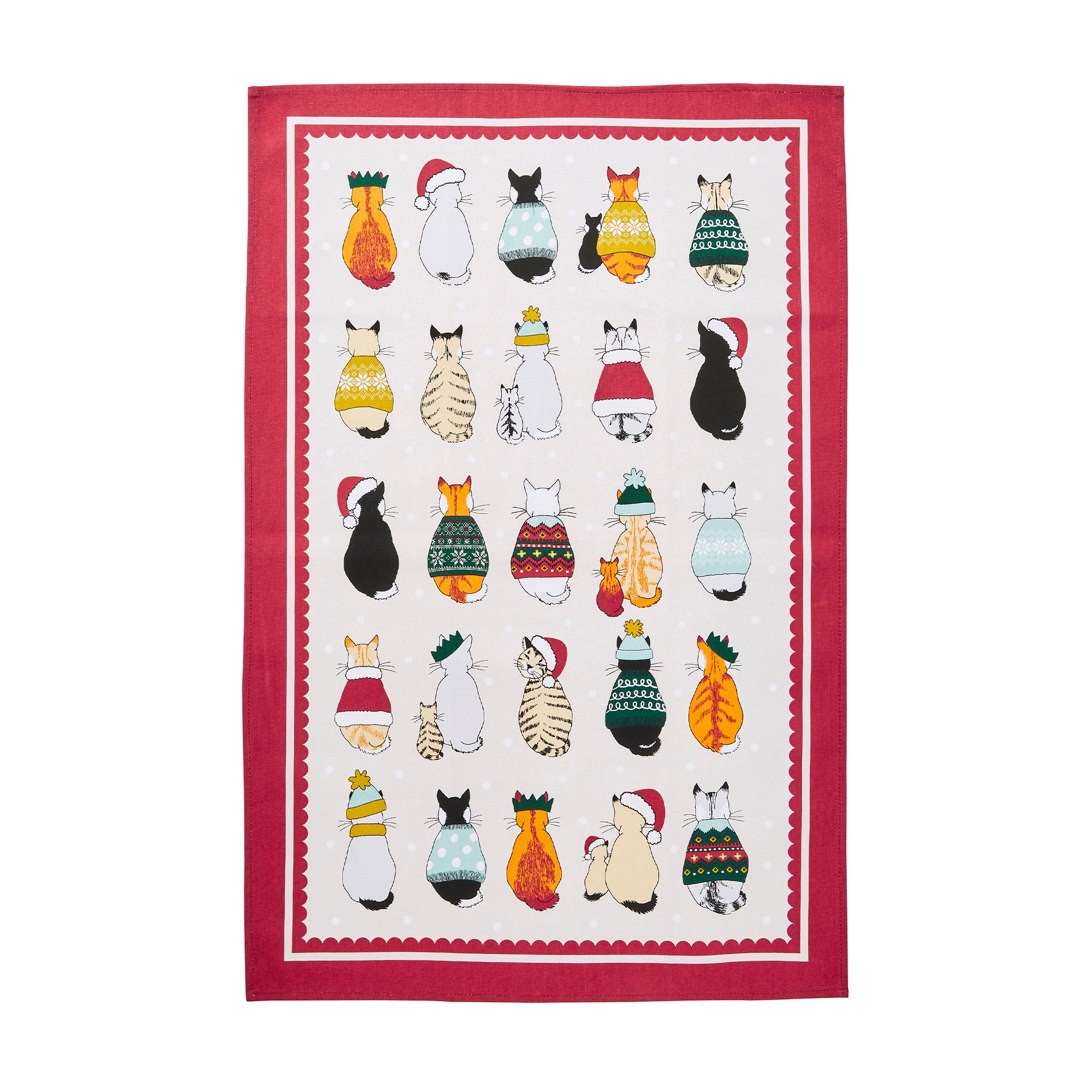 Christmas Cats in Waiting Cotton Tea Towel in Red - Tea Towel - Ulster Weavers
