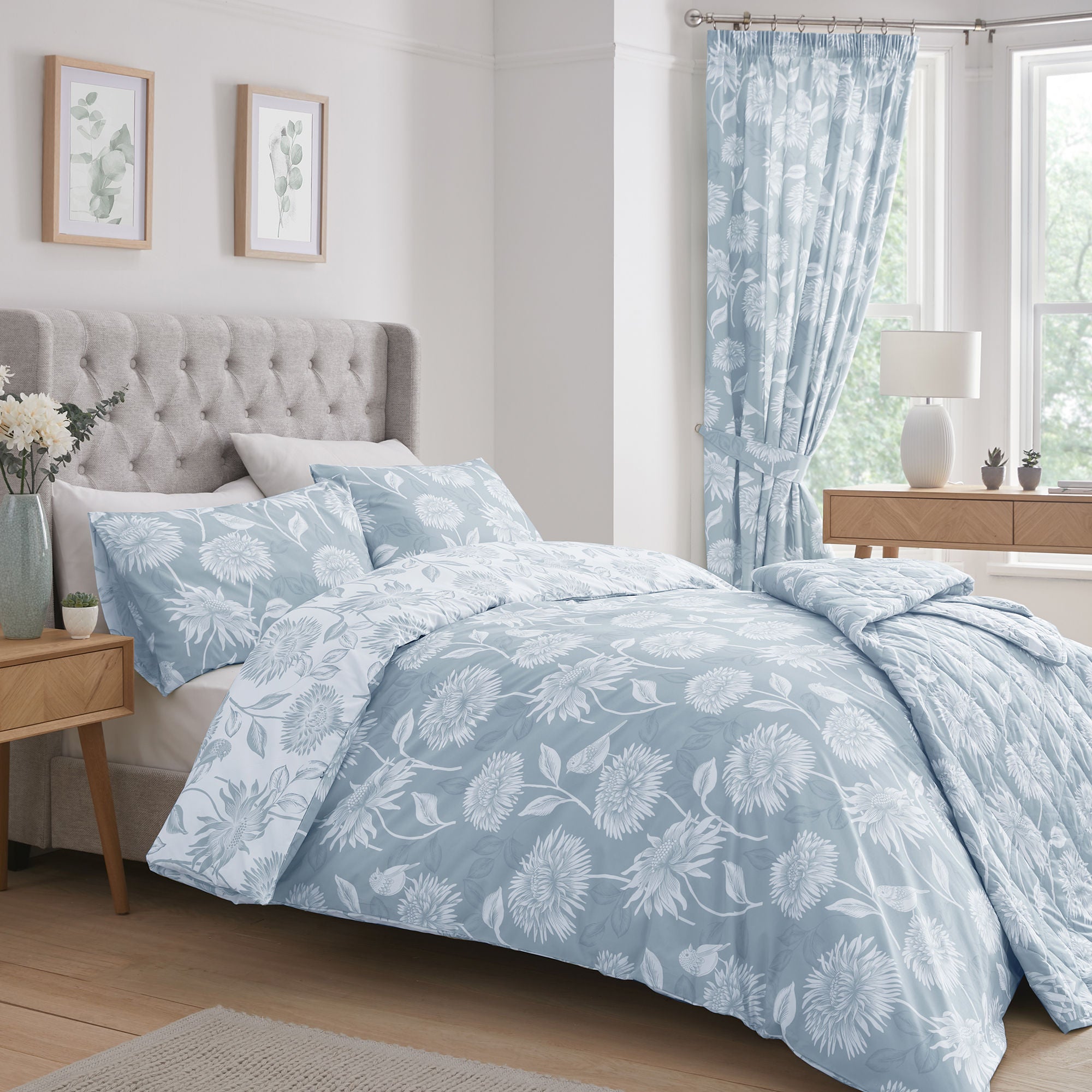 Chrysanthemum Bedspread by Dreams & Drapes Design in Blue 200cm X 230cm - Bedspread - Dreams & Drapes Design