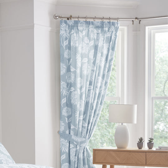 Chrysanthemum Pencil Pleat Curtains in Blue