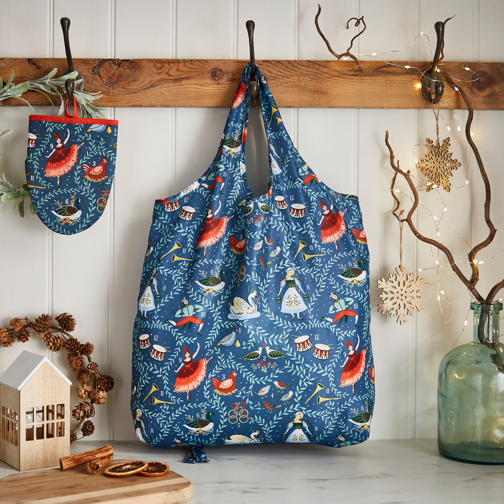 Ulster Weavers 12 Days of Christmas Foldable Tote Bag Medium in Green - Roll-Up Bag - Ulster Weavers