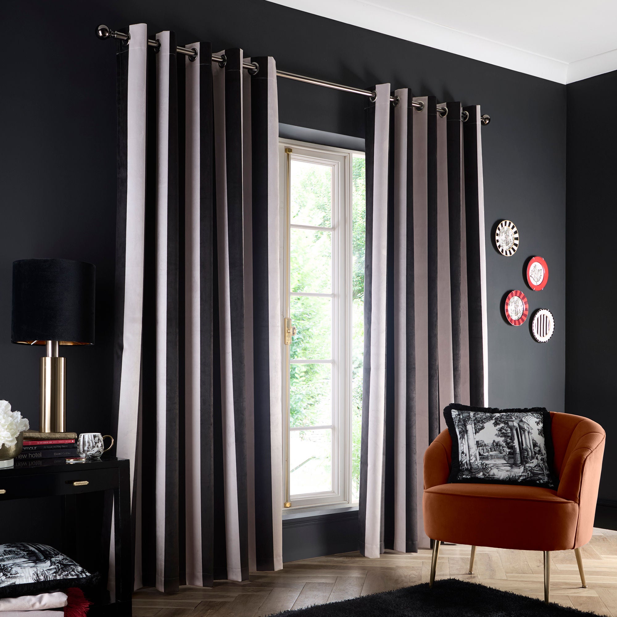 Festivo Stripe Eyelet Curtains in Black - Pair of Eyelet Curtains - Laurence Llewelyn-Bowen