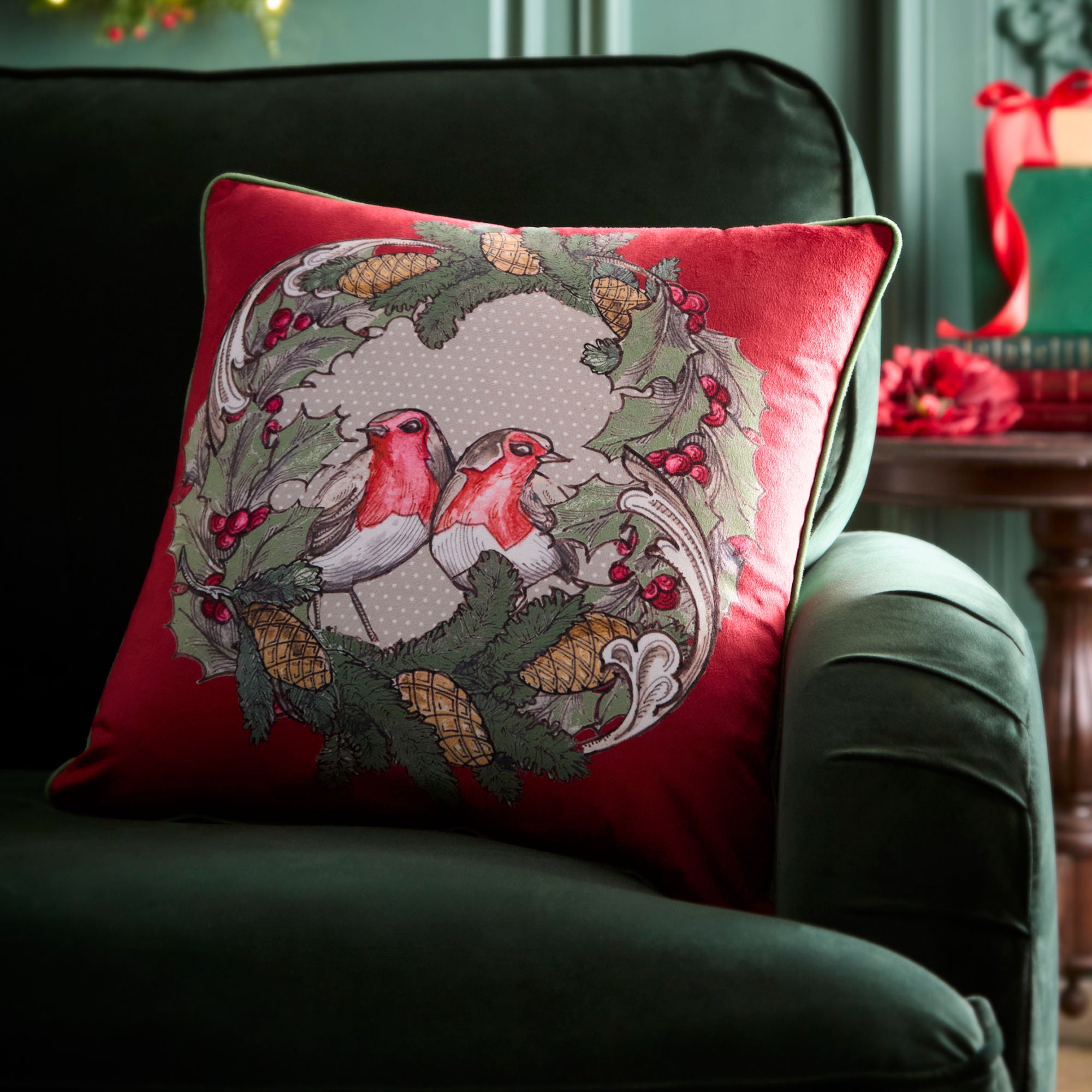 Festive Robin Cushion in Red 43 x 43cm - Cushion - Laurence Llewelyn-Bowen