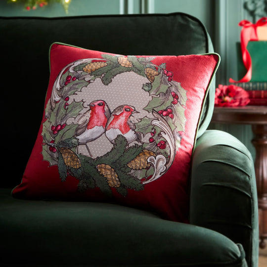Festive Robin Cushion in Red 43 x 43cm