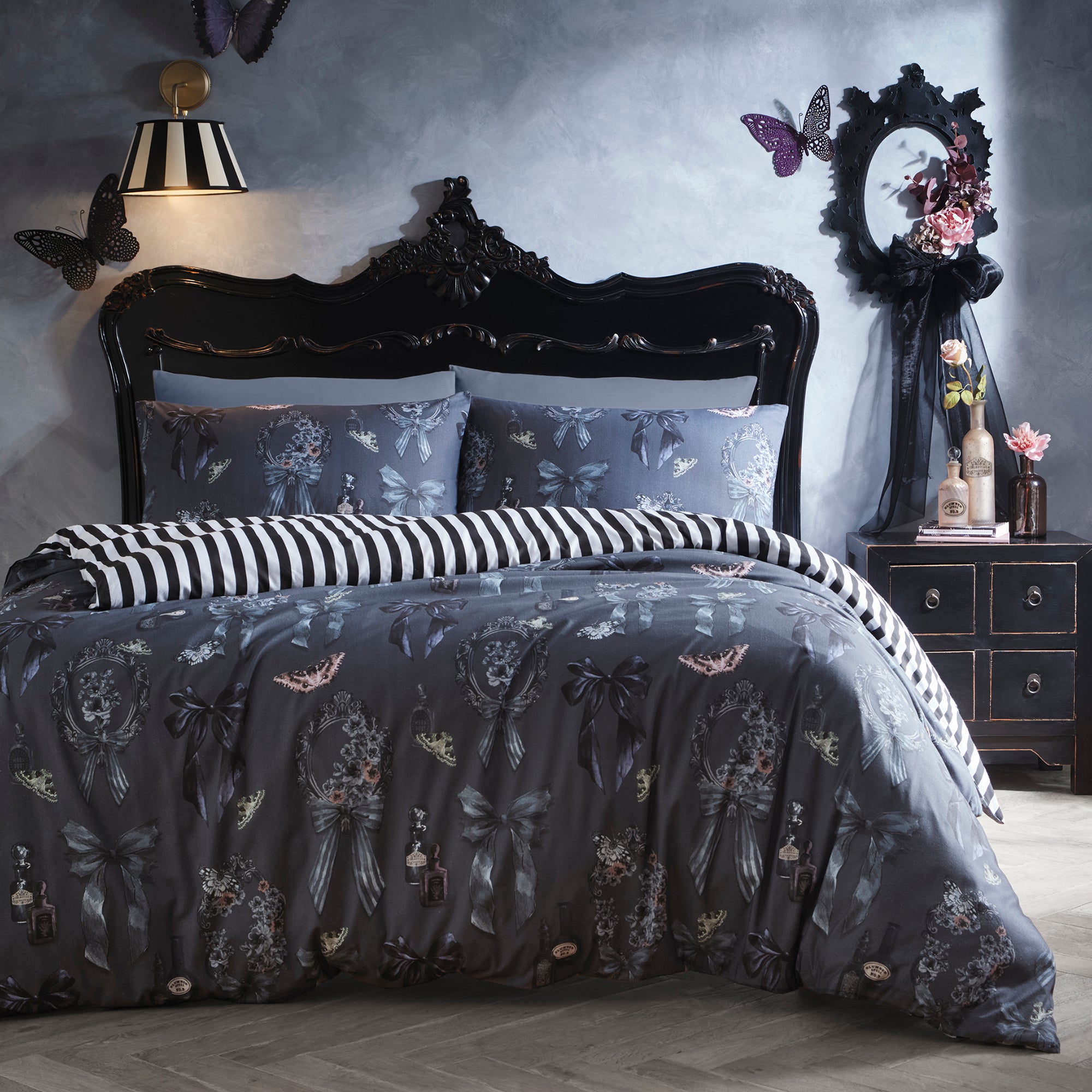 Bows Noir Halloween Duvet Cover Set in Grey - Duvet Cover Set - Fusion
