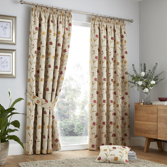 Juliette Pencil Pleat Curtains in Natural/Red
