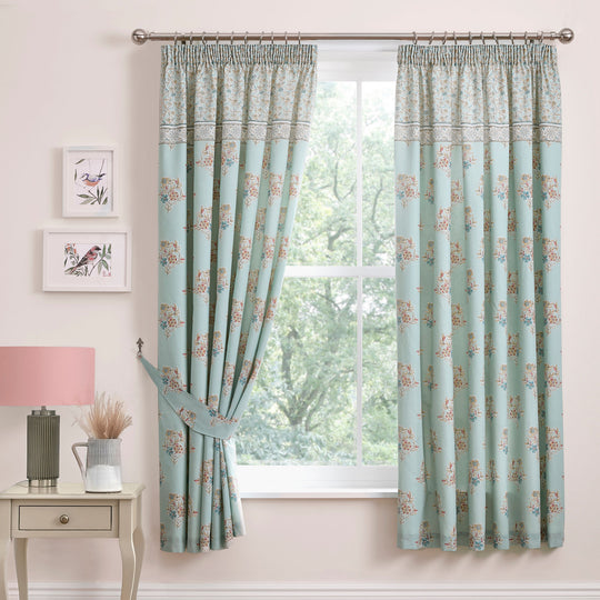 Lorena Patchwork Pencil Pleat Curtains in Duck Egg