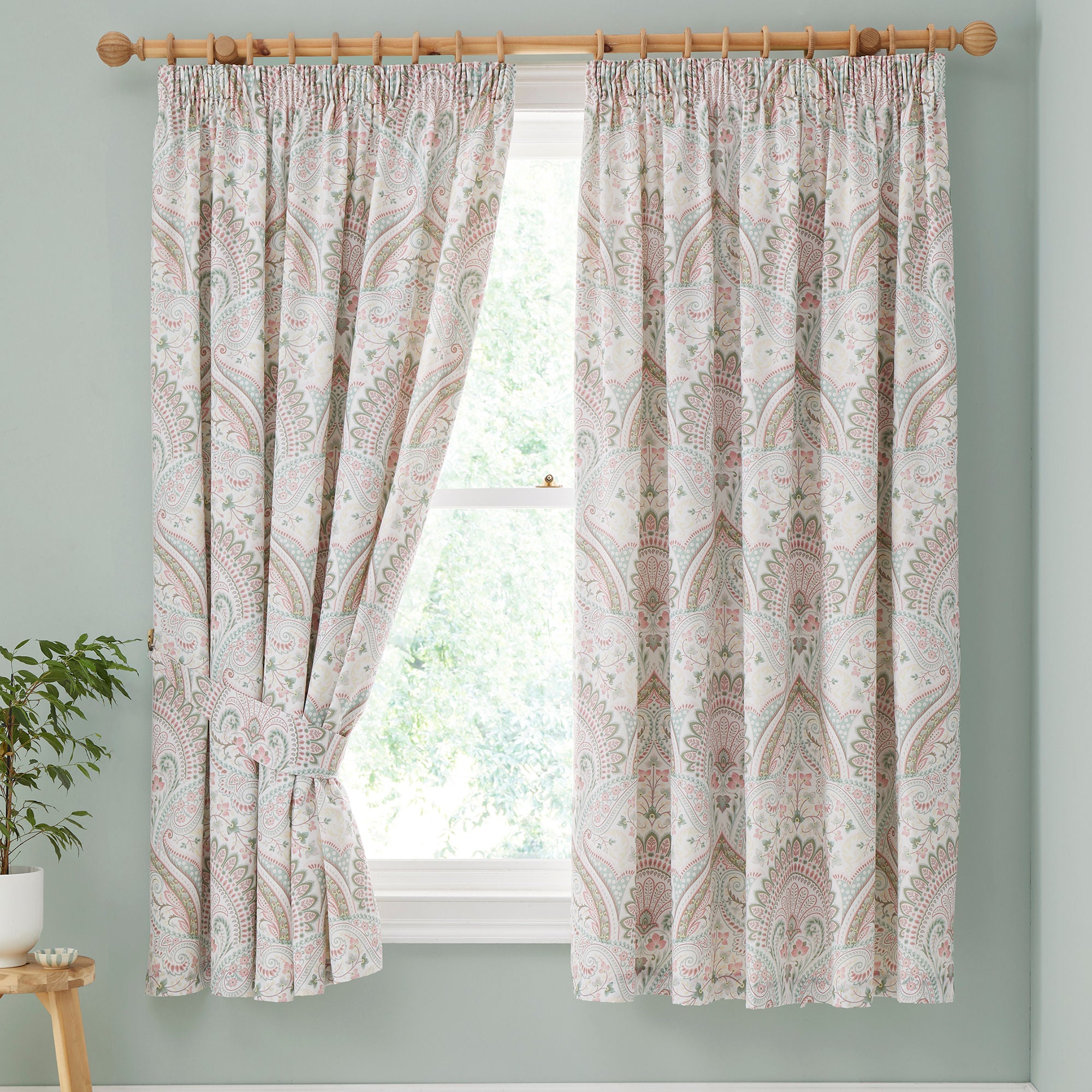 Palais Pair of Pencil Pleat Curtains With Tie-Backs by Dreams & Drapes Design in Green - Pair of Pencil Pleat Curtains With Tie-Backs - Dreams & Drapes Design