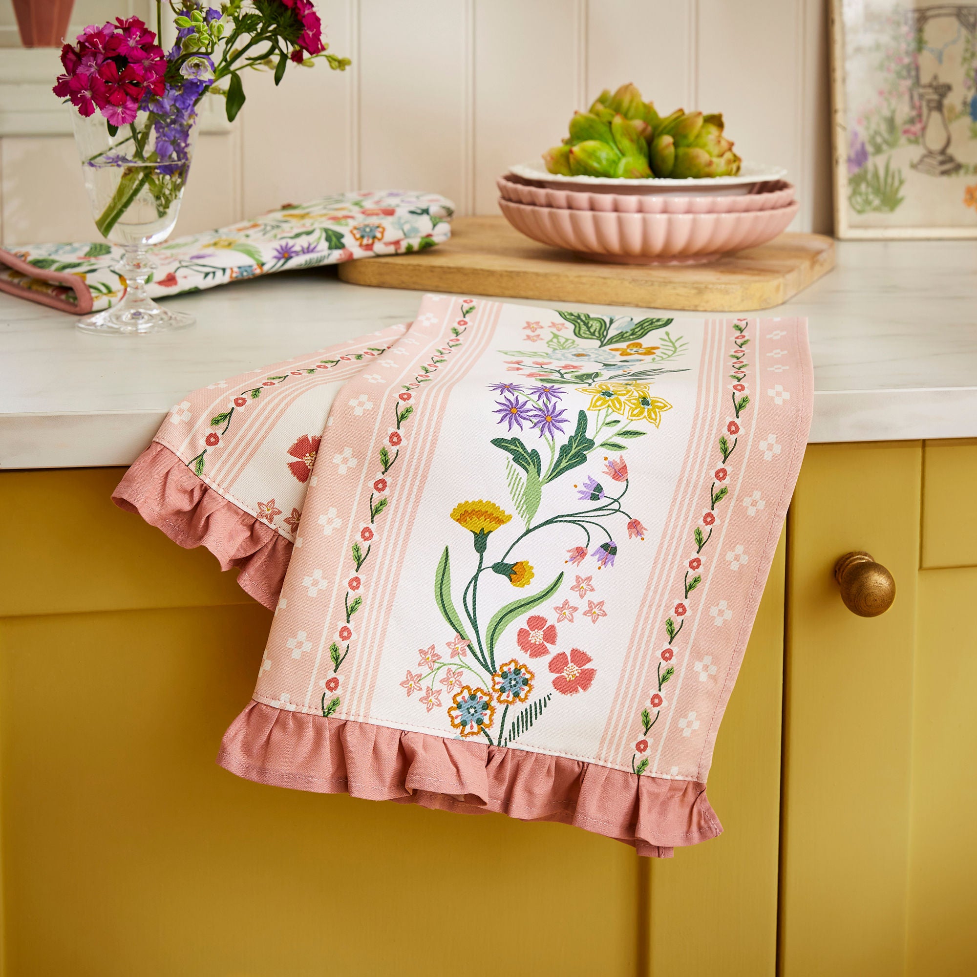 Petals & Prose Cotton Tea Towel in Pink - Tea Towel - Ulster Weavers