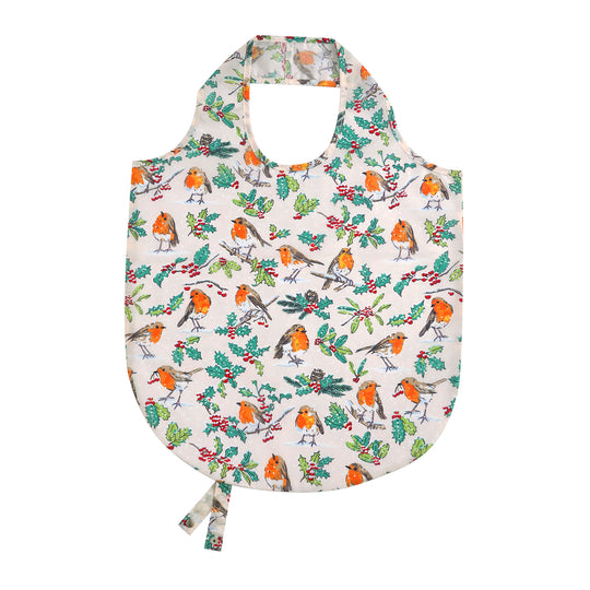 Christmas Robins Foldable Tote Bag Medium in Green