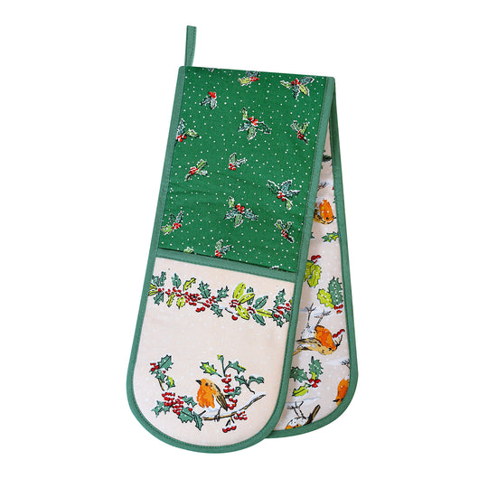 Christmas Robins Double Oven Glove in Green