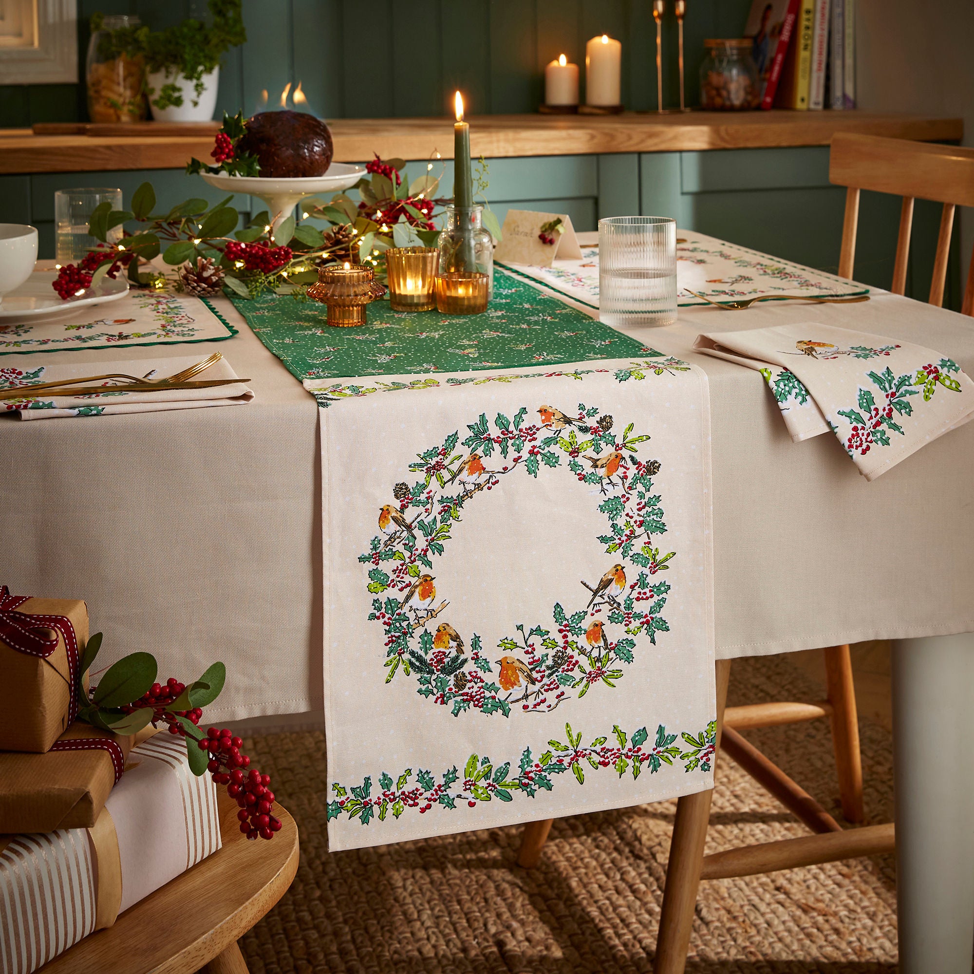 Christmas Robins Table Runner in Green - Table Runners - Ulster Weavers