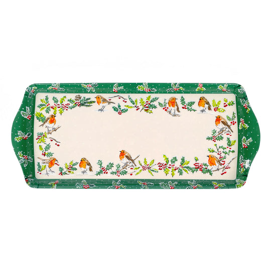 Christmas Robins Small Serving Tray in Green
