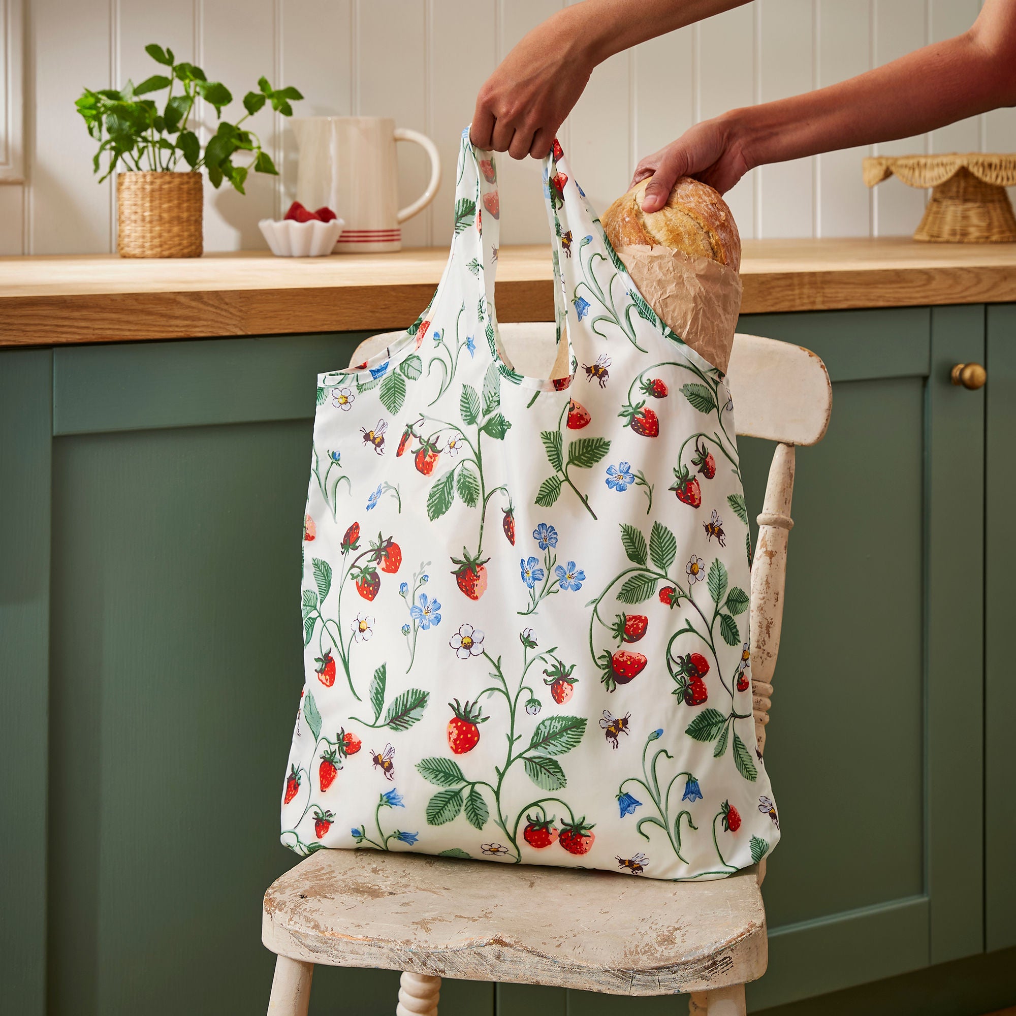 Strawberry Patch Foldable Tote Bag Medium in Green - Bag - Ulster Weavers