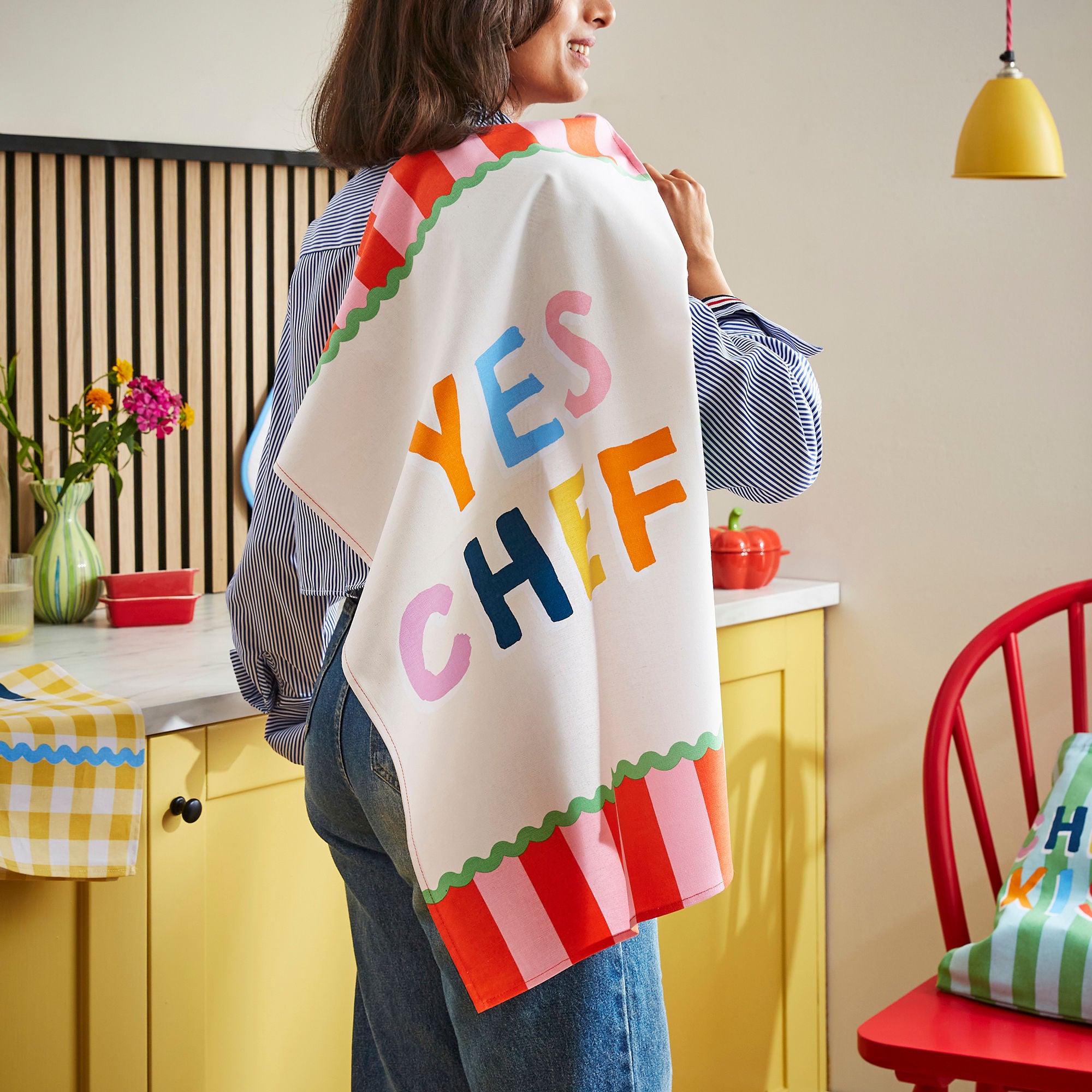 Yes Chef Stripe Cotton Tea Towel in Multicolour - Tea Towel - Ulster Weavers