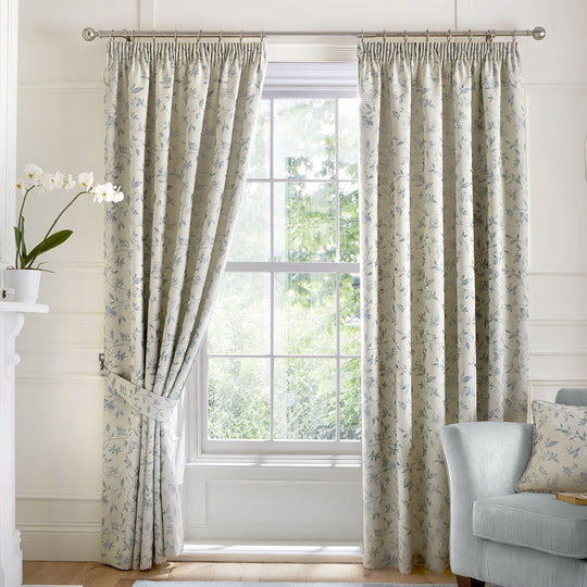 Bird Trail Pencil Pleat Curtains in Duck Egg
