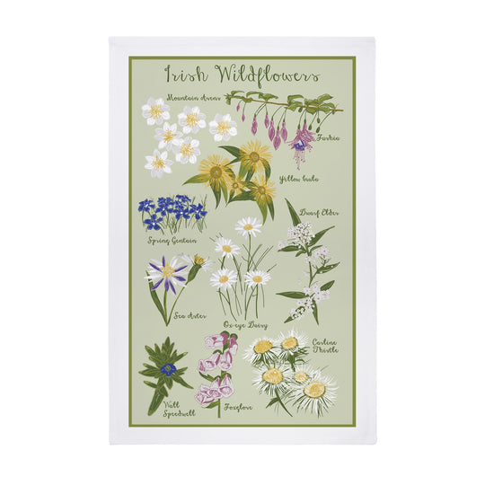 Irish Wild Flowers Cotton Tea Towel in Green