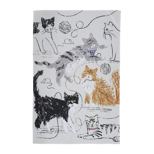 Feline Friends Cotton Tea Towel in Grey