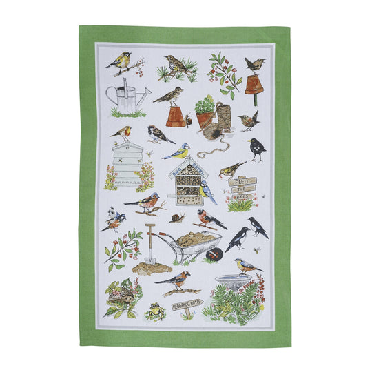 Garden Birds Cotton Tea Towel in Green