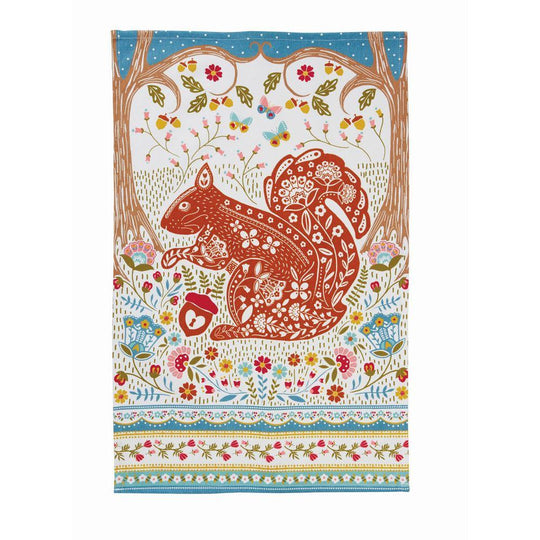 Woodland Squirrel Cotton Tea Towel in Orange