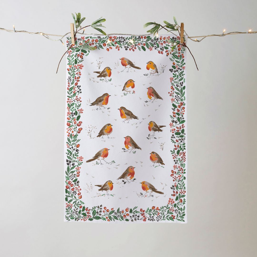 Ulster Weavers Recycled Cotton Blend Tea Towel - Robins & Berry Border (White) -  - Ulster Weavers