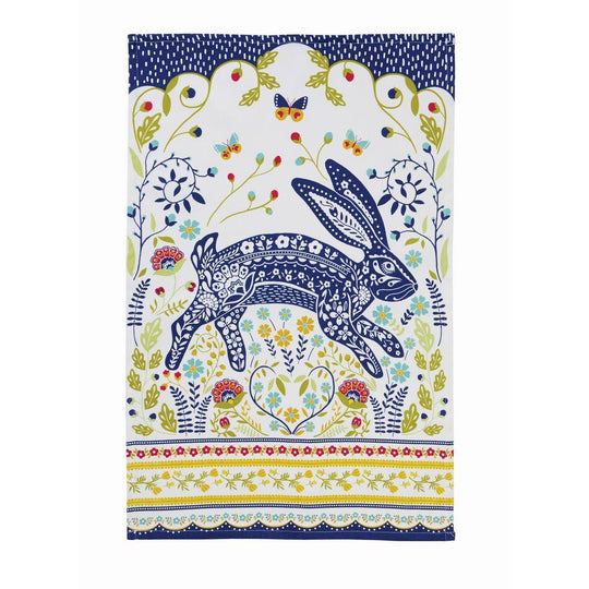 Woodland Hare Cotton Tea Towel in Blue