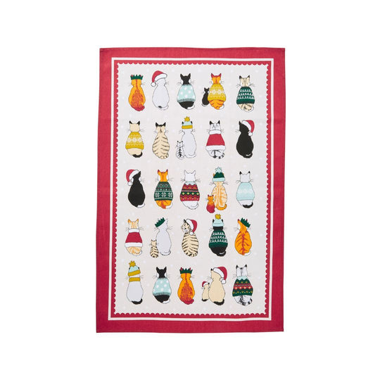 Christmas Cats in Waiting Cotton Tea Towel in Red